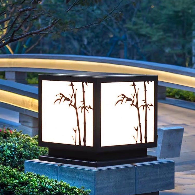 Square Bamboo Pattern Waterproof LED Modern Solar Lights Outdoor Pillar Lamp