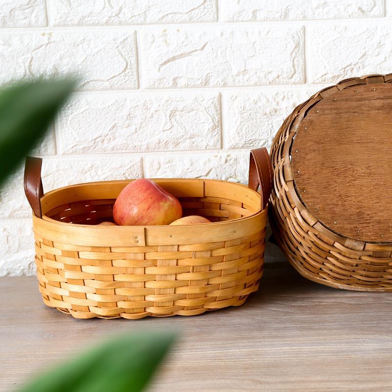 Rustic Semi - Oval Wood Fruit Basket with Handle