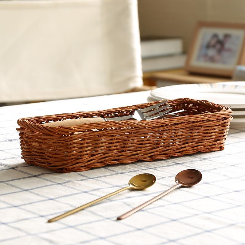 Farmhouse Rattan Table Flatware Storage Bin Box