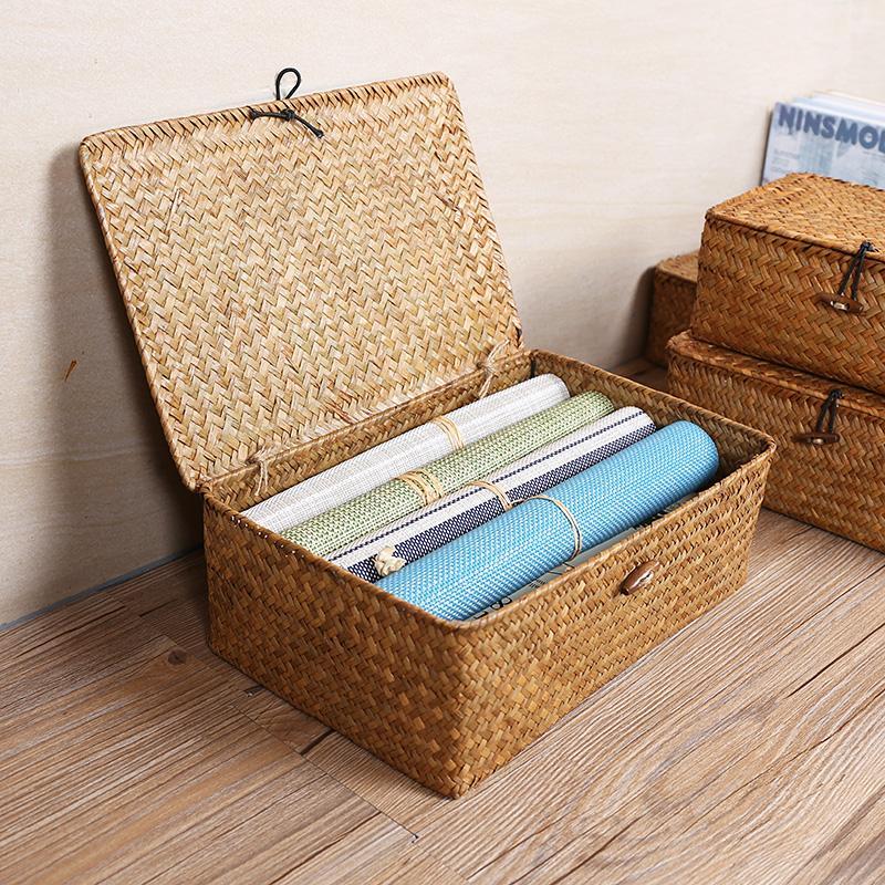 Rustic Straw Weaving Large Rectangular Storage Box
