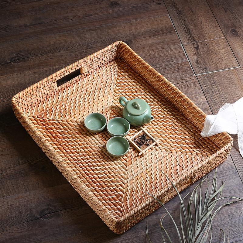 Rustic Rattan Serving Tray Food tray Cheese tray with Handle - dazuma