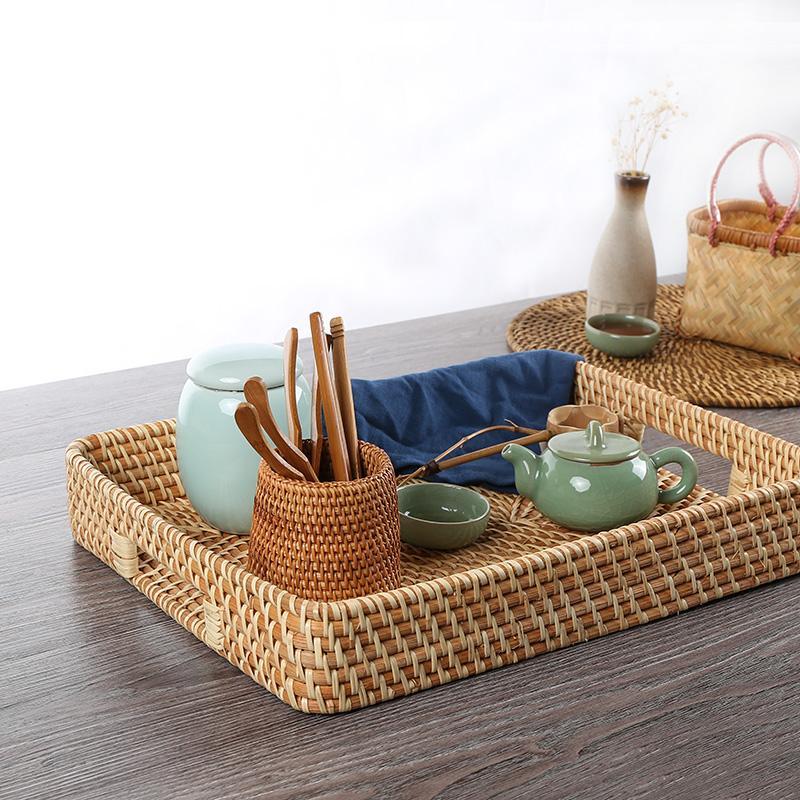 Rustic Rattan Serving Tray Food tray Cheese tray with Handle - dazuma