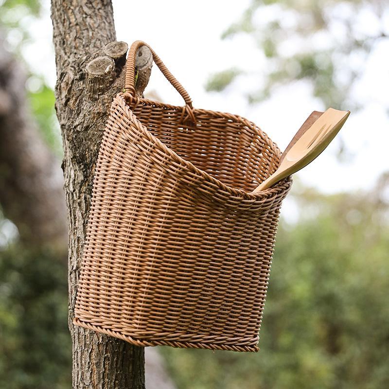 Wooden Hanging Plastic Storage Basket with Single Handle