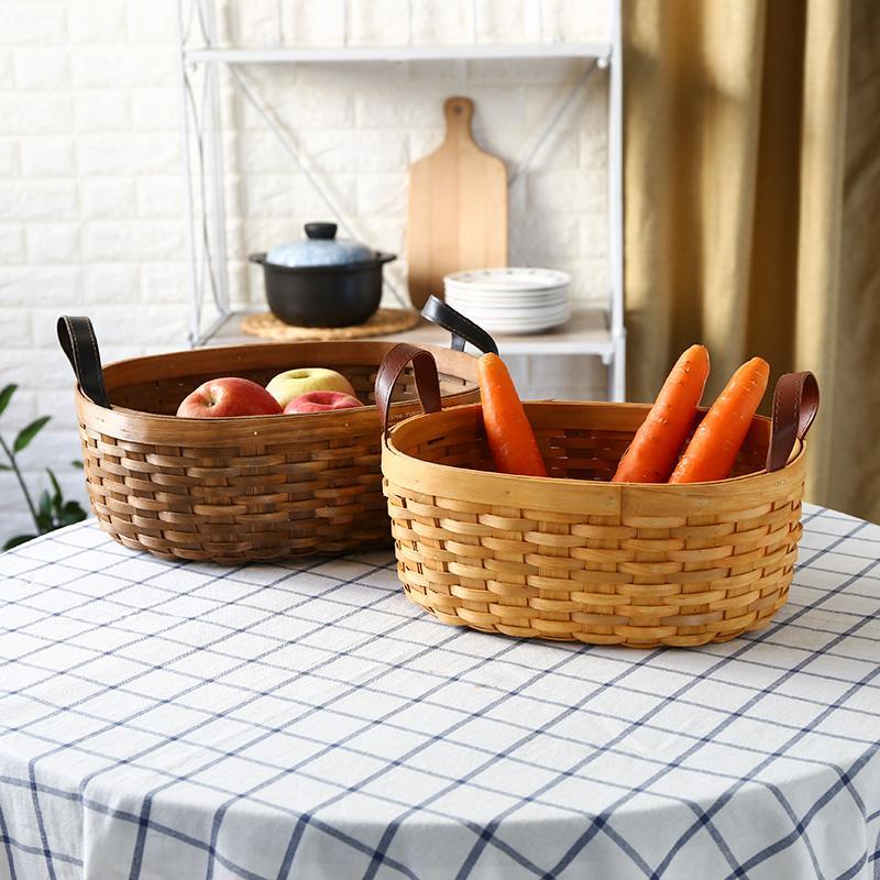Rustic Semi - Oval Wood Fruit Basket with Handle