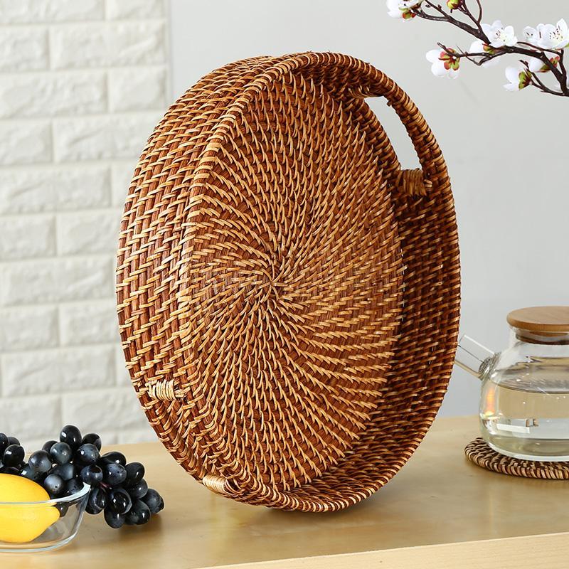 Rustic Round Wicker Rattan Basket Tray Serving Tray