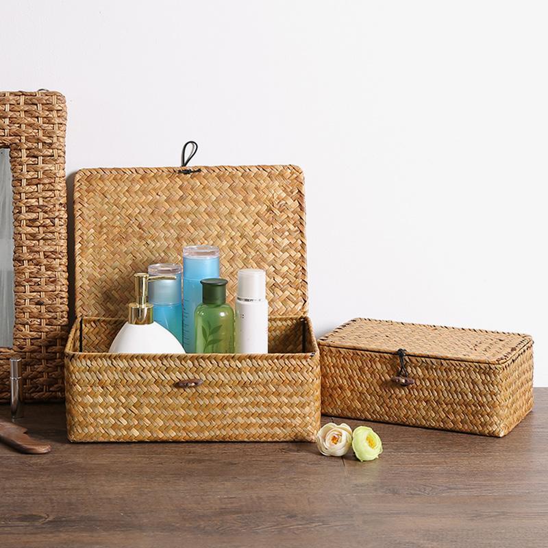 Rustic Straw Weaving Large Rectangular Storage Box