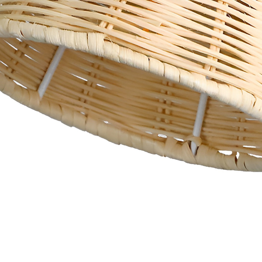 Japanese wall light with rattan shade, highlighting the detailed craftsmanship and natural texture of the material.