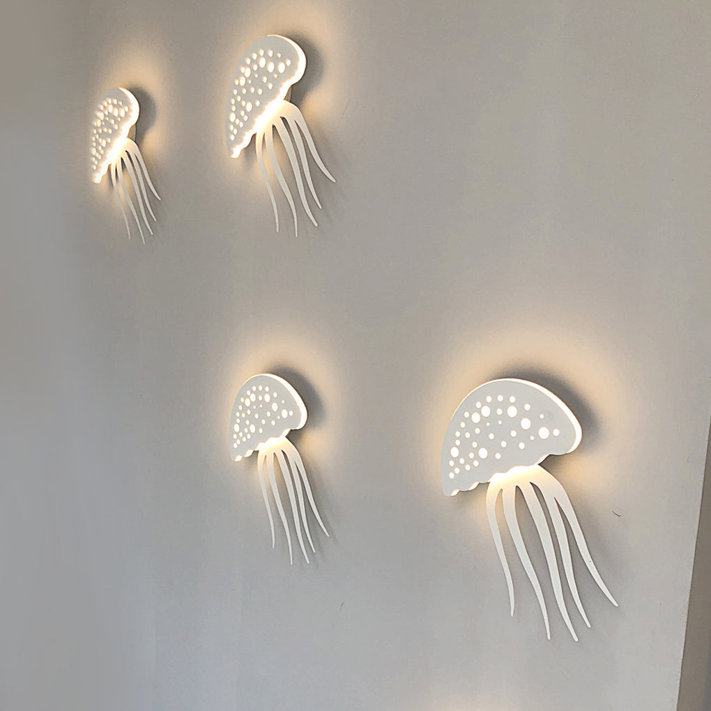 Clustered jellyfish wall lights forming decorative feature wall.
