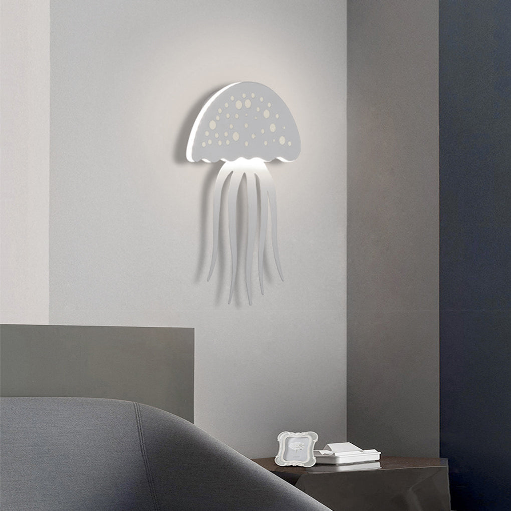 Jellyfish wall light installed on gray wall near sofa seating area.