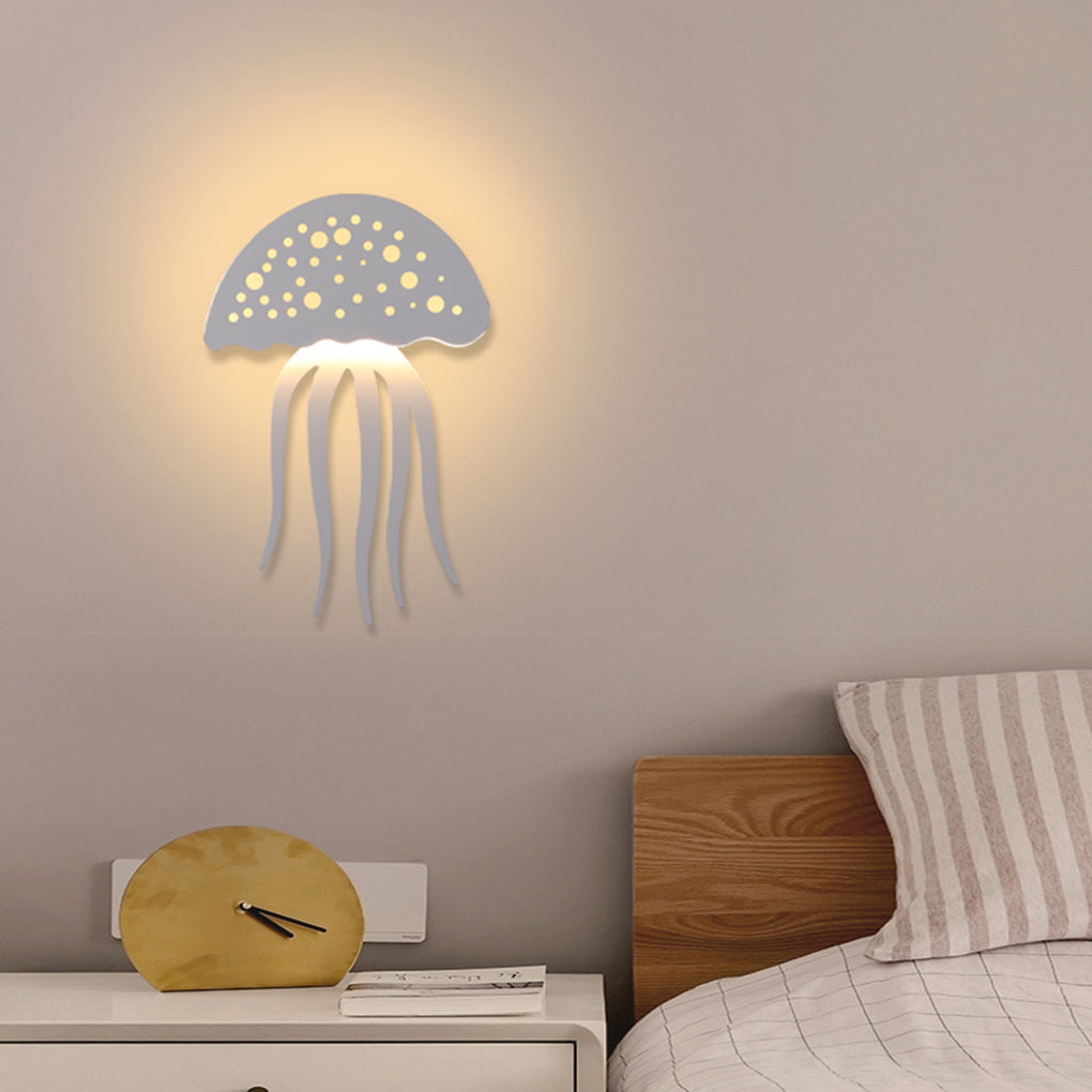 Jellyfish wall light glowing softly above nightstand in minimalist bedroom.