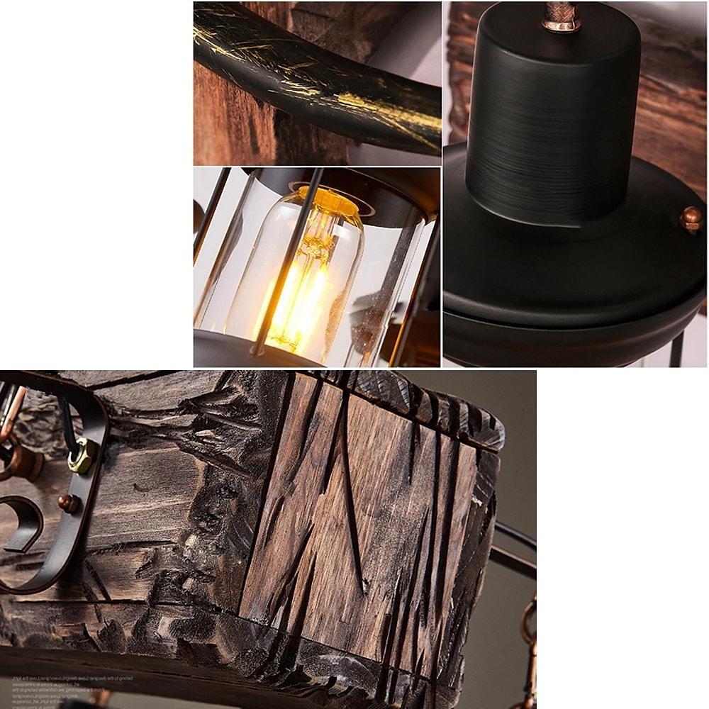 8 - light Vintage Wood Glass Lantern LED Farmhouse Chandeliers Hanging Lamp