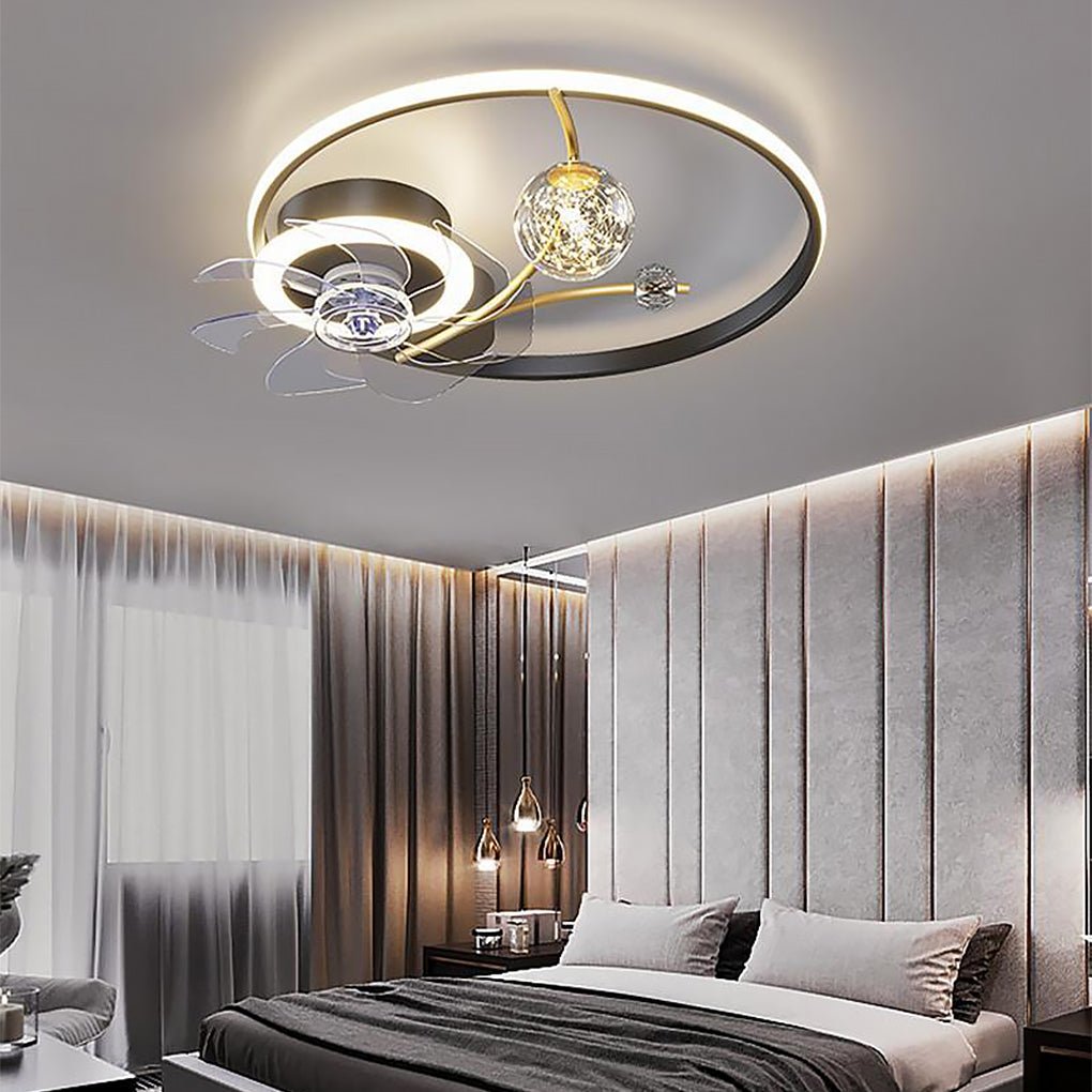 Unique Creative Round LED Ceiling Fans with Lights Remote Control Speed Adjustable Kids Bedroom Flush Mount Ceiling Fans Light Kit with Chandelier - Dazuma