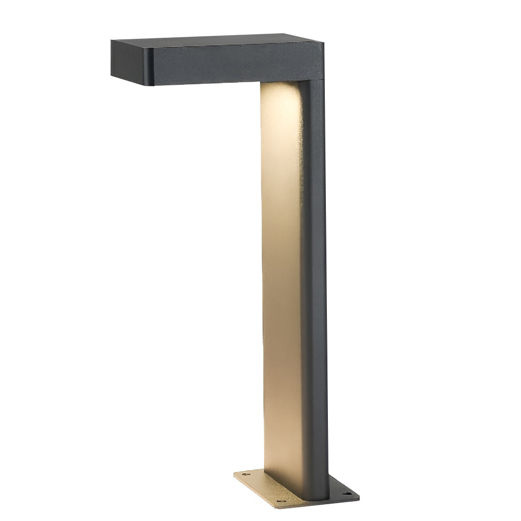 L shaped landscape light with a black finish, providing warm light for garden pathways.