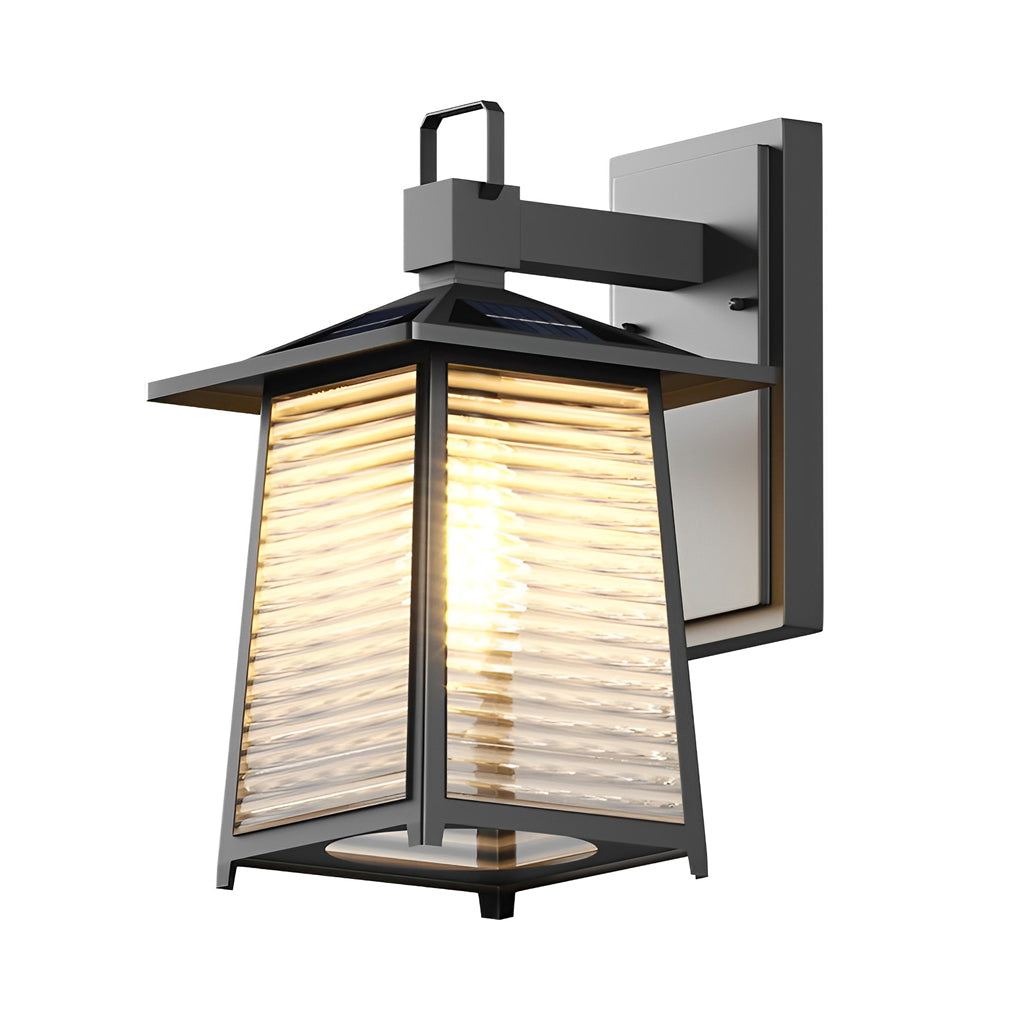 Lantern outdoor wall light with frosted glass, highlighting its modern design and durable construction.