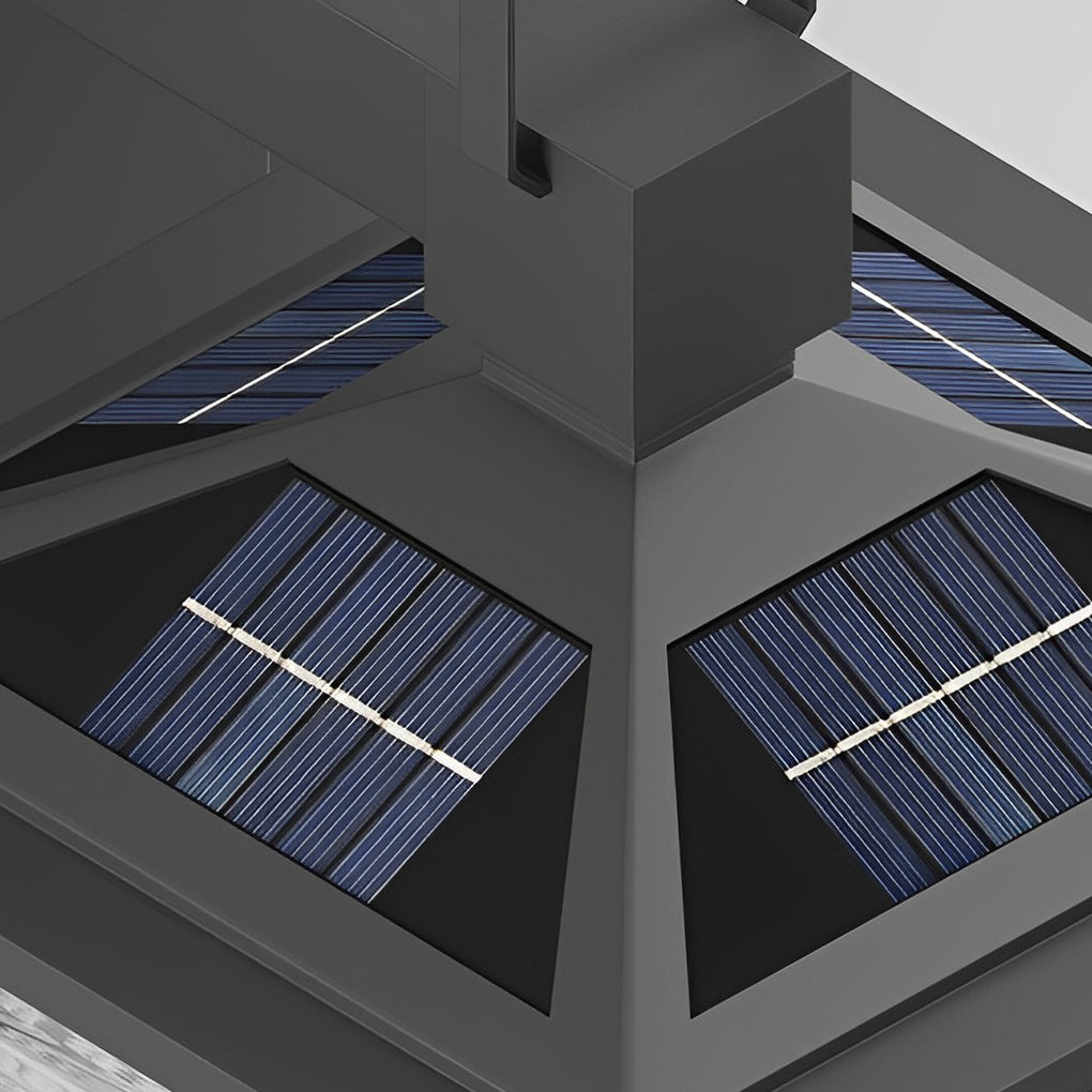 Lantern outdoor wall light with frosted glass panels, providing warm light during a rainy evening.