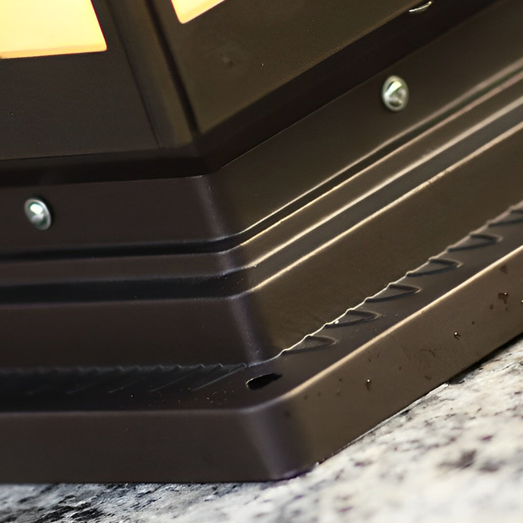 Lantern pillar lights base detail showing layered metal structure and mounting surface.