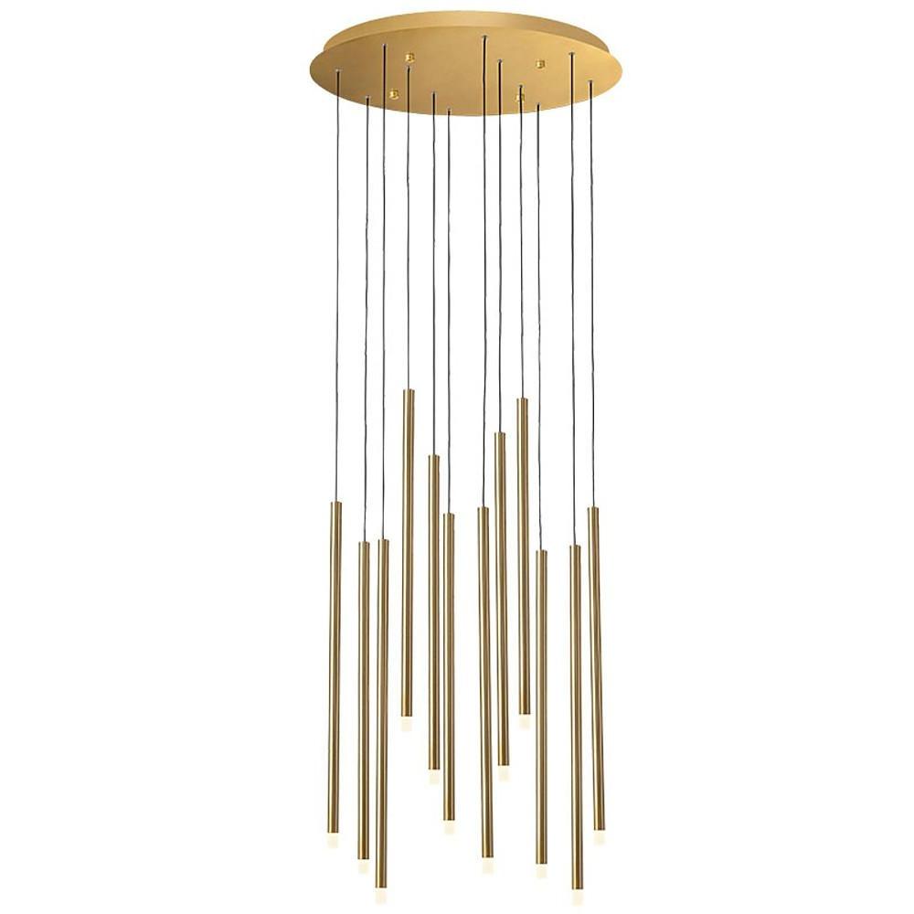 Large gold staircase chandelier with a round canopy and staggered heads on white background site.