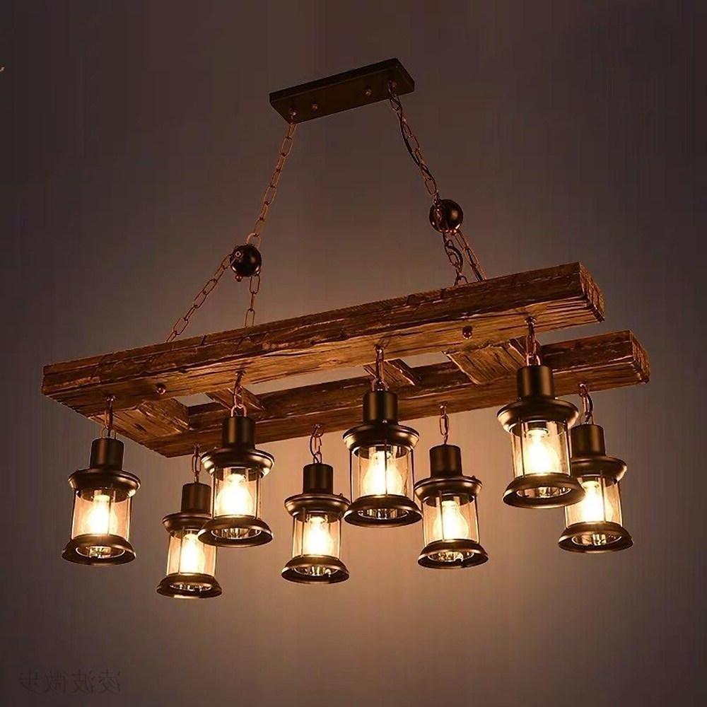 8 - light Vintage Wood Glass Lantern LED Farmhouse Chandeliers Hanging Lamp
