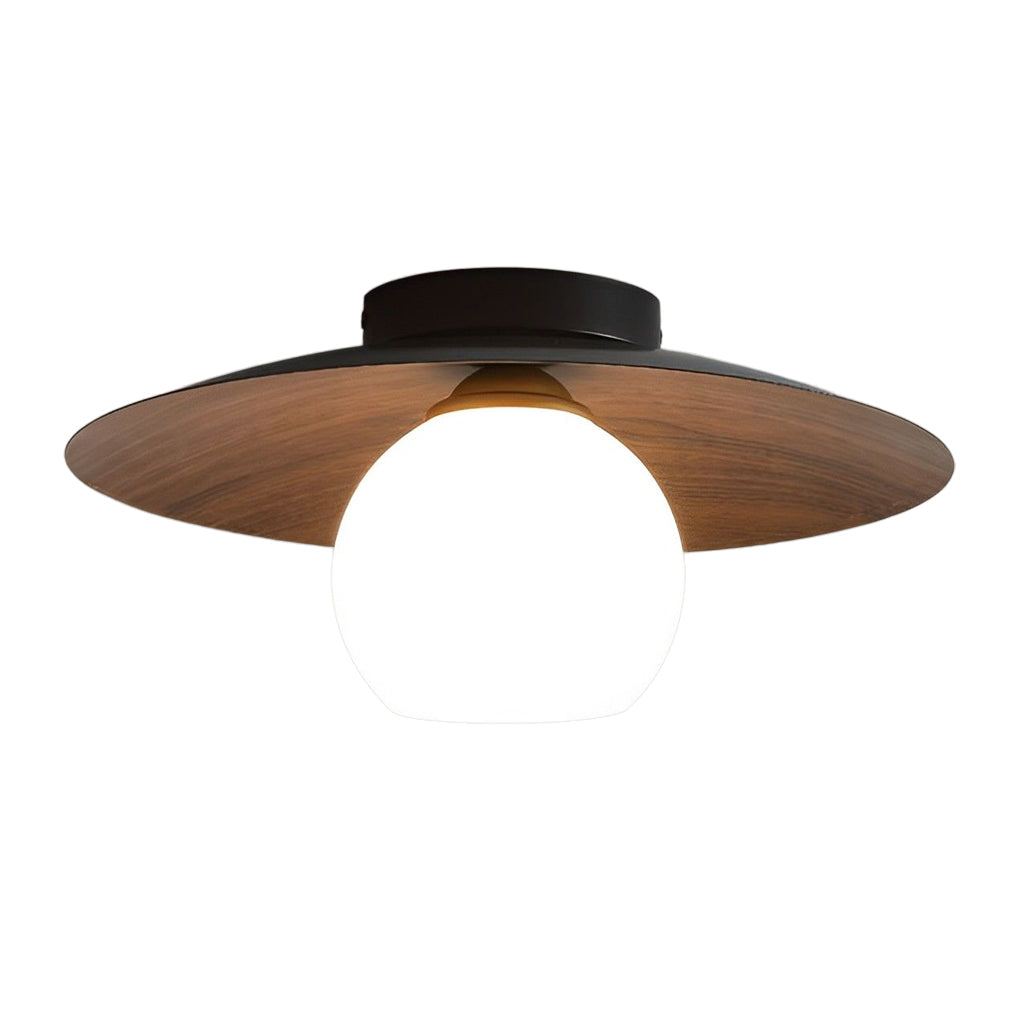 LED ceiling light with wood grain accents, mounted in a contemporary living room for stylish lighting.