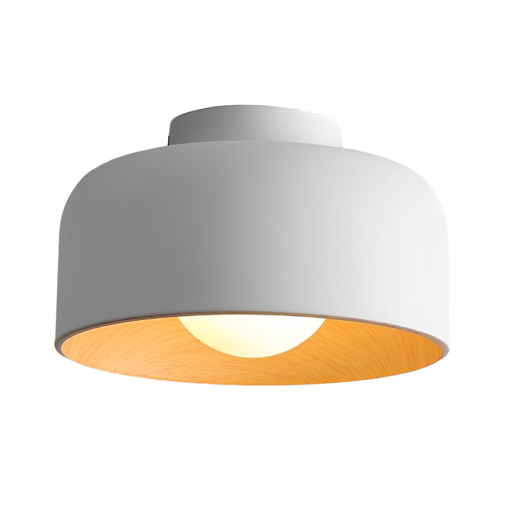 LED ceiling light with wood grain interior, showcasing its minimalist design and warm light.