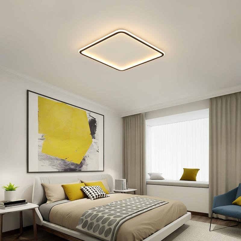 LED square ceiling light installed in a modern bedroom