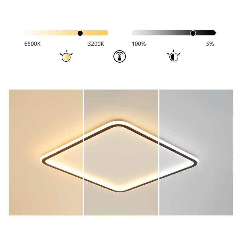 LED square ceiling light showing dimming and color temperature options