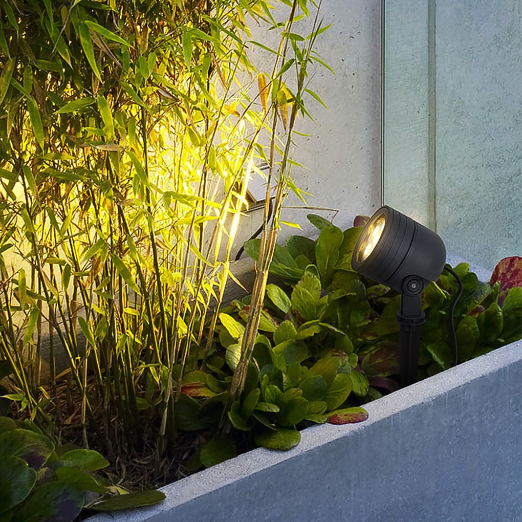 LED landscape spot lights directed at bamboo plants along a wall, producing vibrant vertical garden illumination.