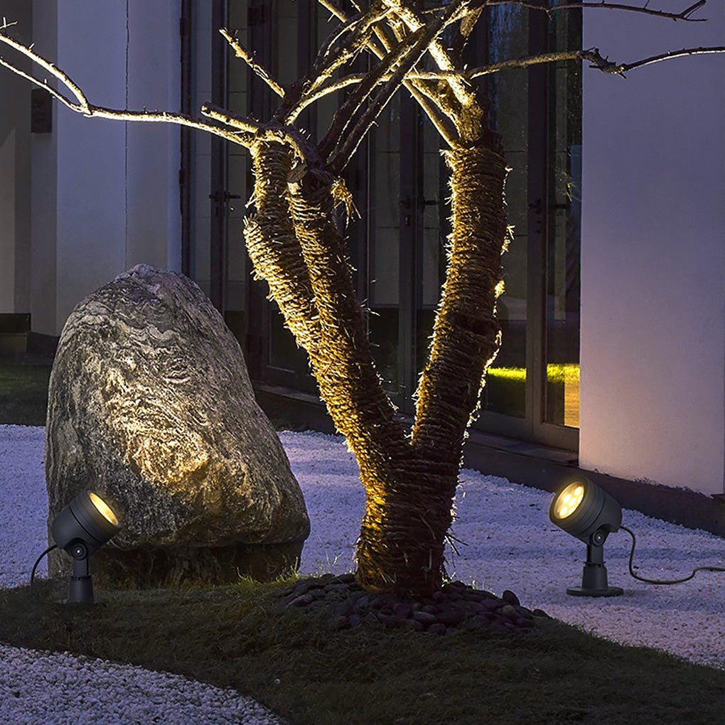 LED landscape spot lights aimed at a tree trunk and decorative rock, enhancing texture and depth in an exterior courtyard.