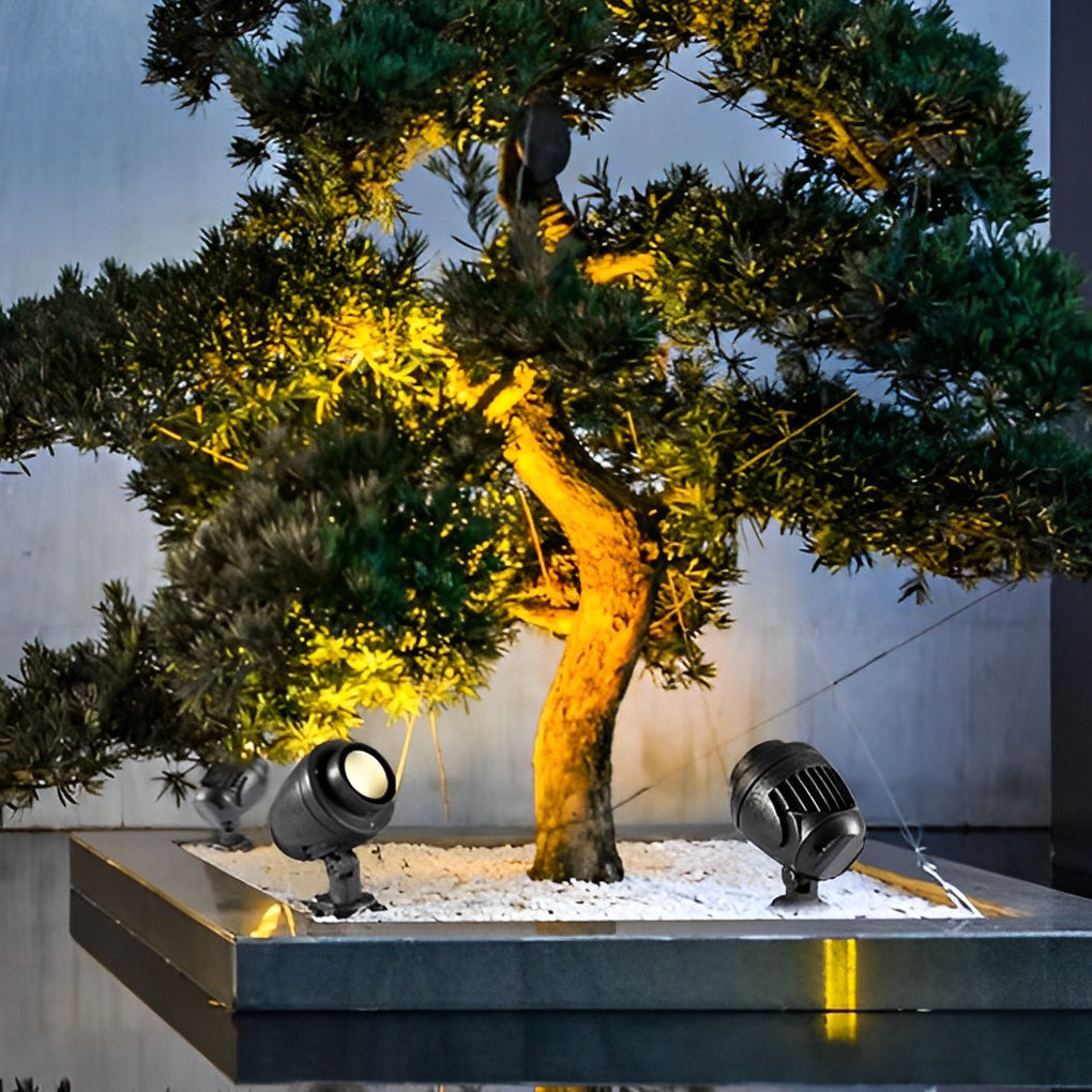LED landscape spotlight highlighting a large tree canopy from a raised planter.
