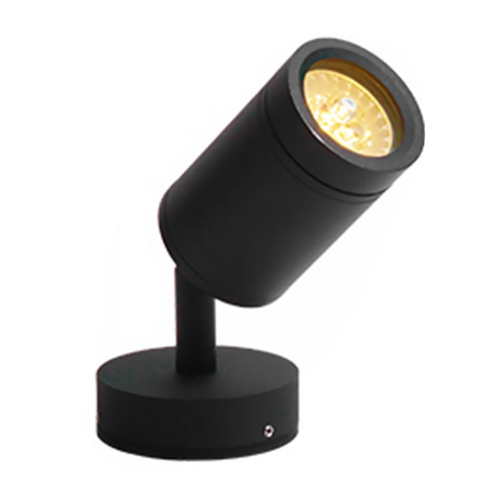 LED landscape spotlight with a round base and black cylindrical head shown on white.