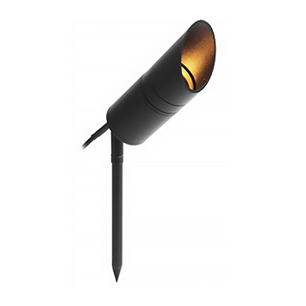 LED landscape spotlight with an angled black hood and ground spike shown on white.