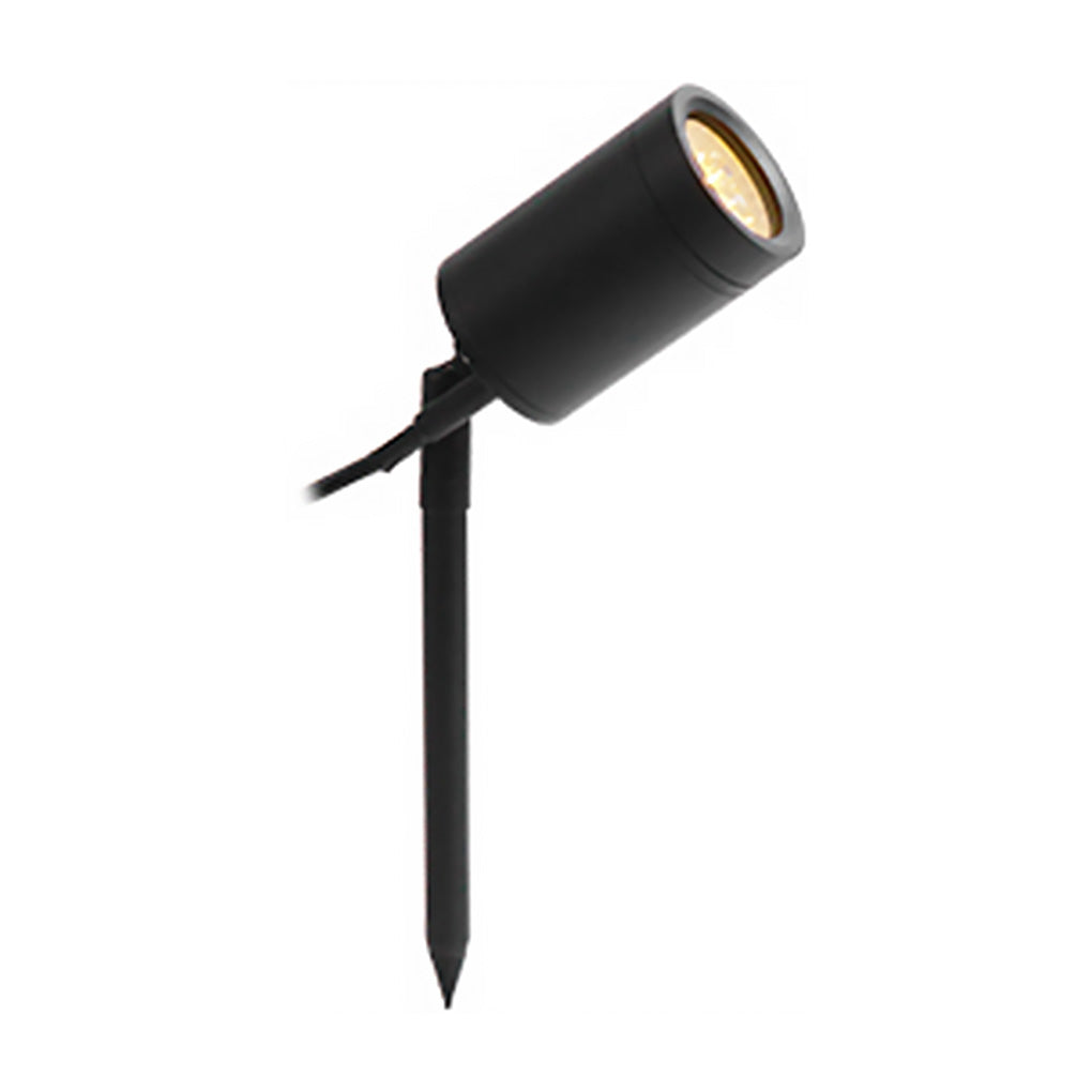 LED landscape spotlight with a black cylindrical head and ground spike shown on white.