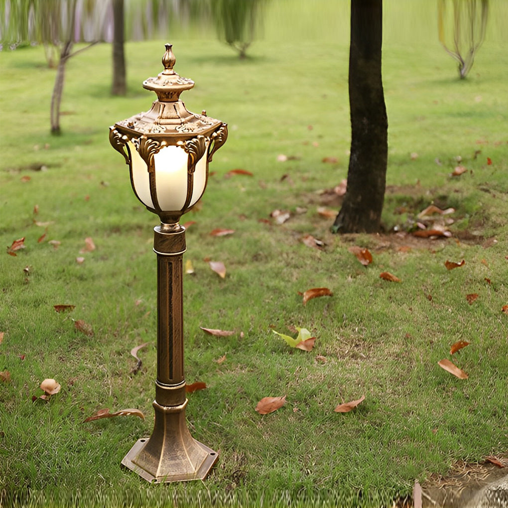 LED lawn lights with close-up of their vintage design and light output.
