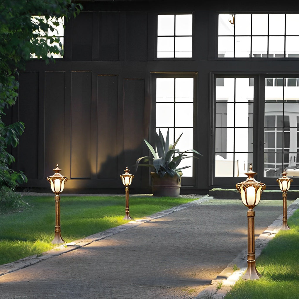 LED lawn lights enhancing a contemporary outdoor entrance with elegant directional light.