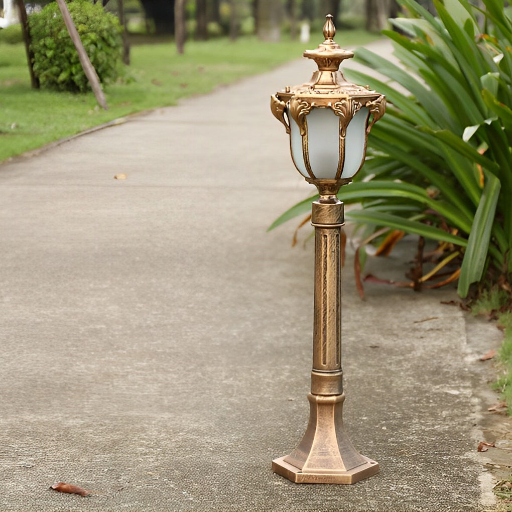 LED lawn lights with detailed view of their ornate structure.