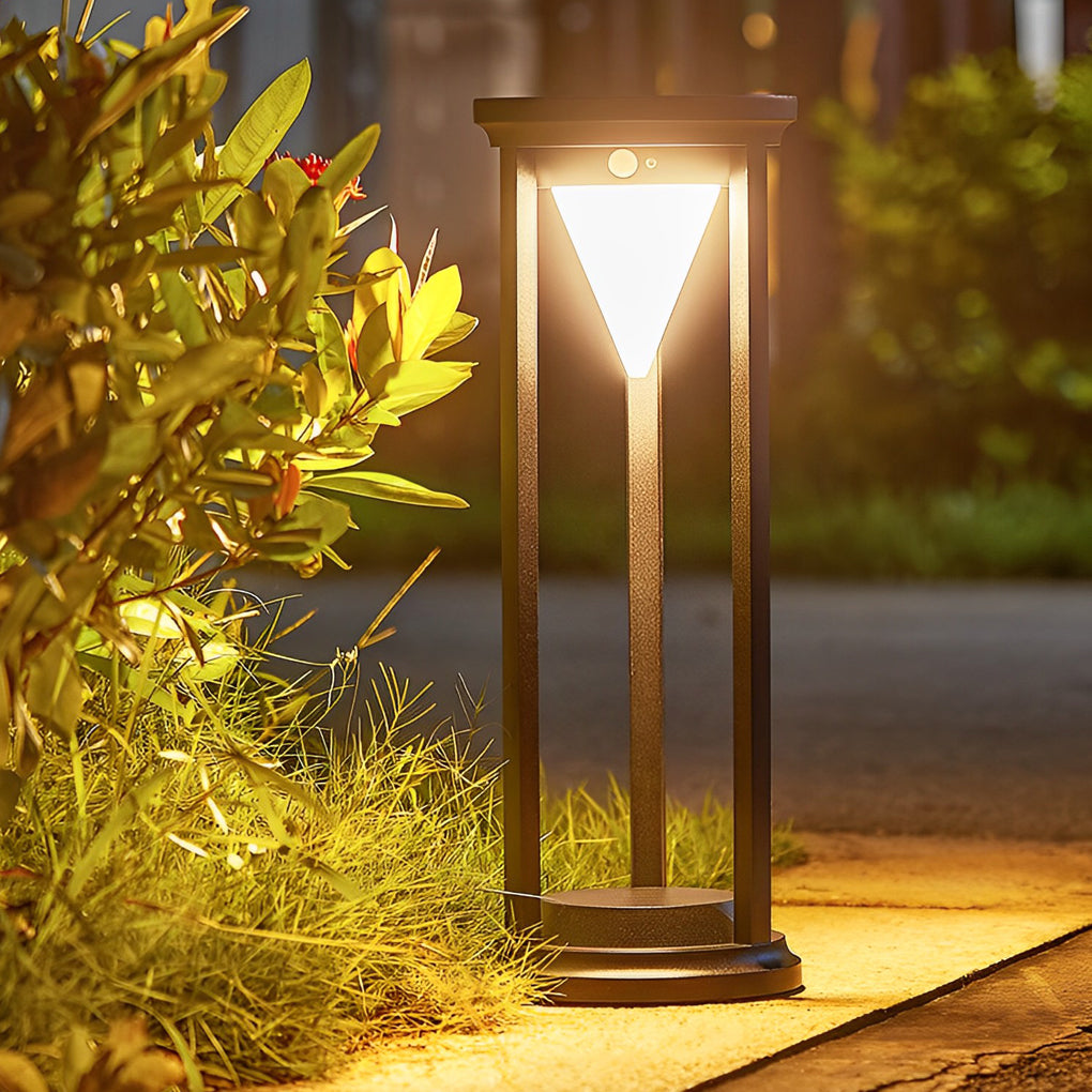 LED solar bollard lights enhancing a lush garden with directional, eco-friendly lighting.