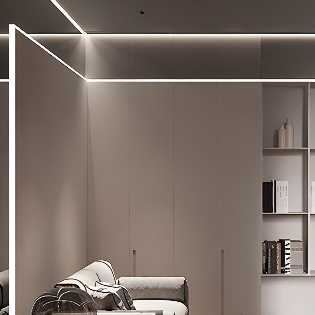 Waterproof LED strip lights outlining interior corners with continuous glow