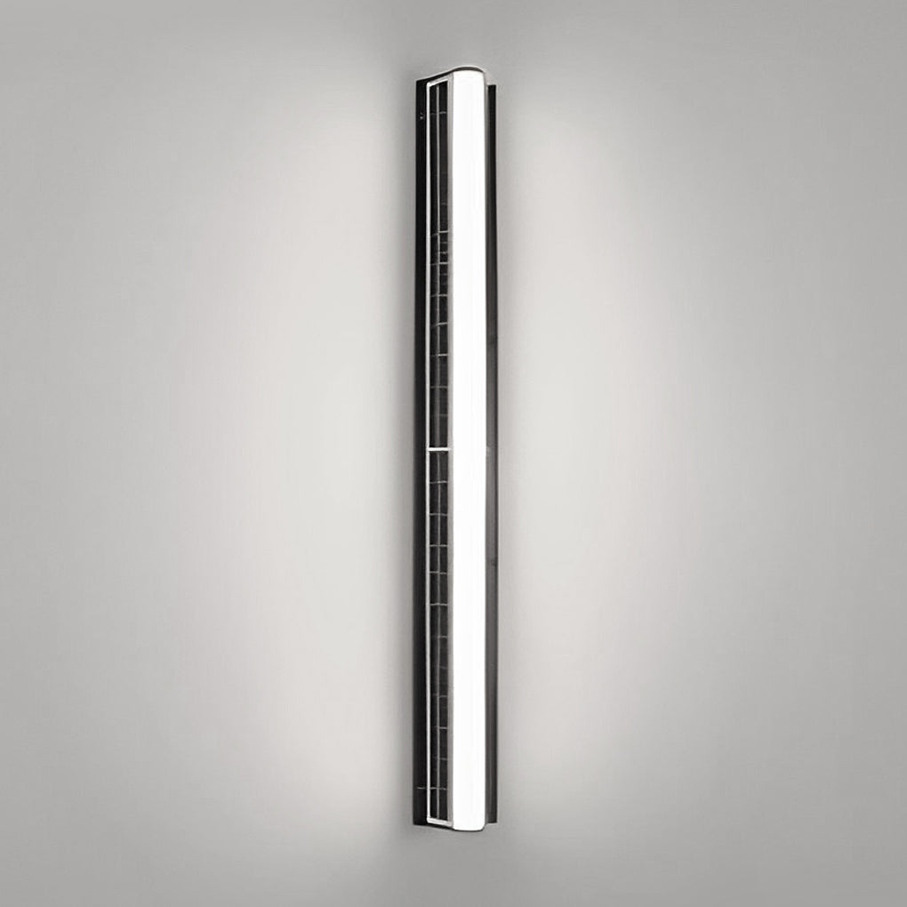 LED wall solar light with a rectangular design, casting focused light beams.