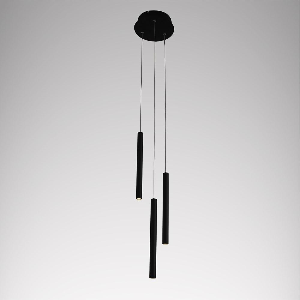 Modern linear cluster pendant light featuring multiple black tube lights hanging from a round ceiling canopy.