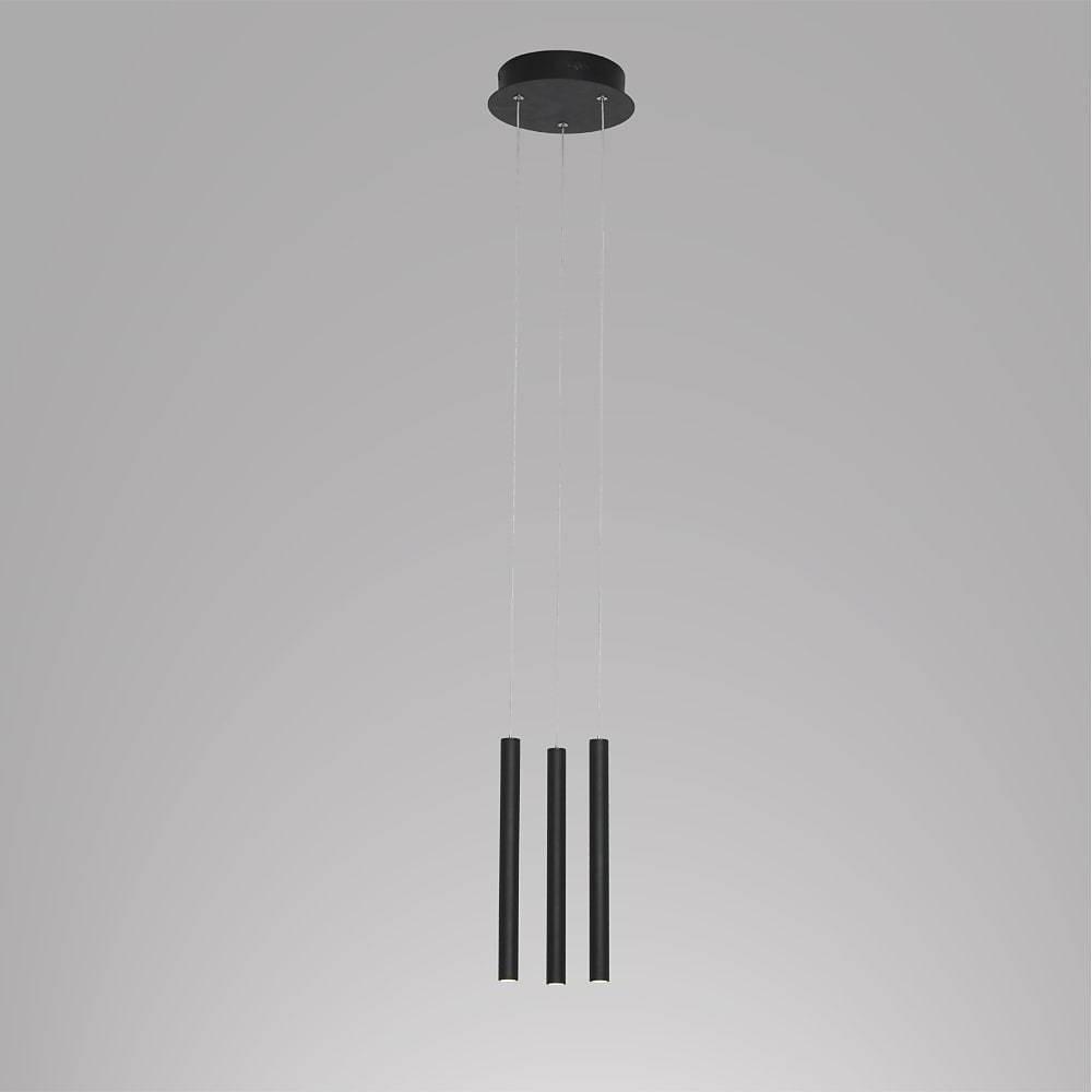Linear cluster pendant light with evenly spaced black tubes suspended vertically on a neutral background.
