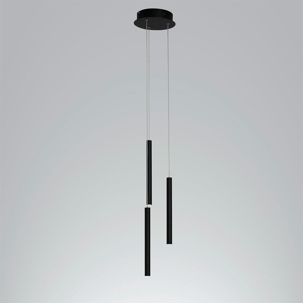 Minimal linear cluster pendant light with black cylindrical pendants arranged in a vertical composition.