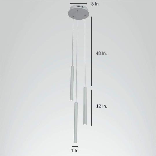 Linear cluster pendant light with dimensions shown, highlighting adjustable hanging lengths and slim tube design.