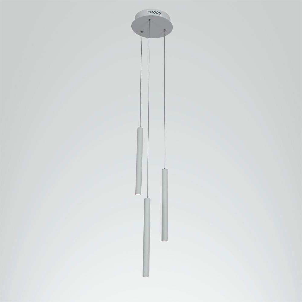 White linear cluster pendant light with slim cylindrical tubes hanging at different lengths.