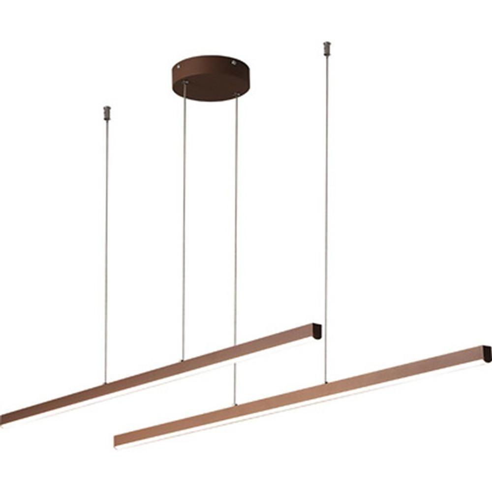 Linear pendant light fixture showing adjustable suspension height.