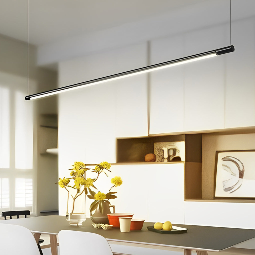 Linear pendant light fixture front view with adjustable suspension cables.