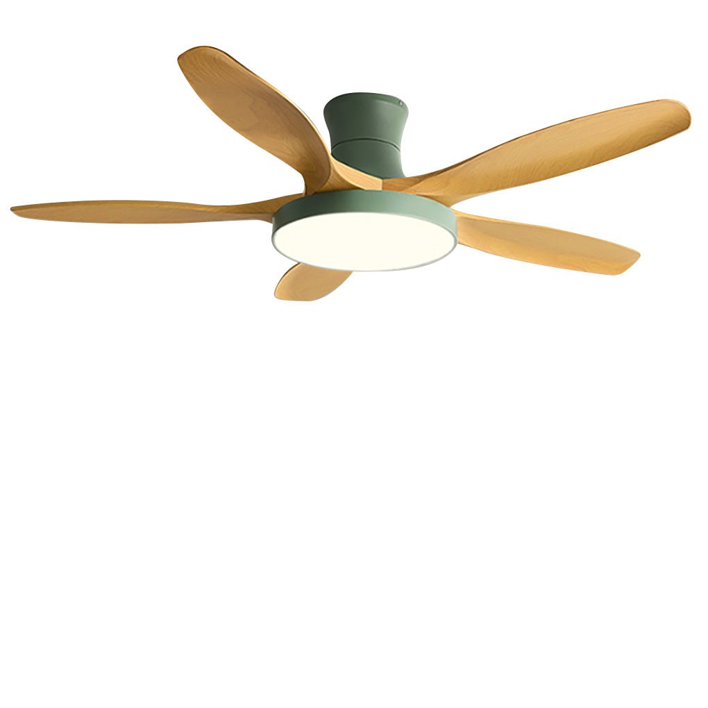 Living room ceiling fan with lights featuring a green motor and wood blades, shown isolated to highlight color options.