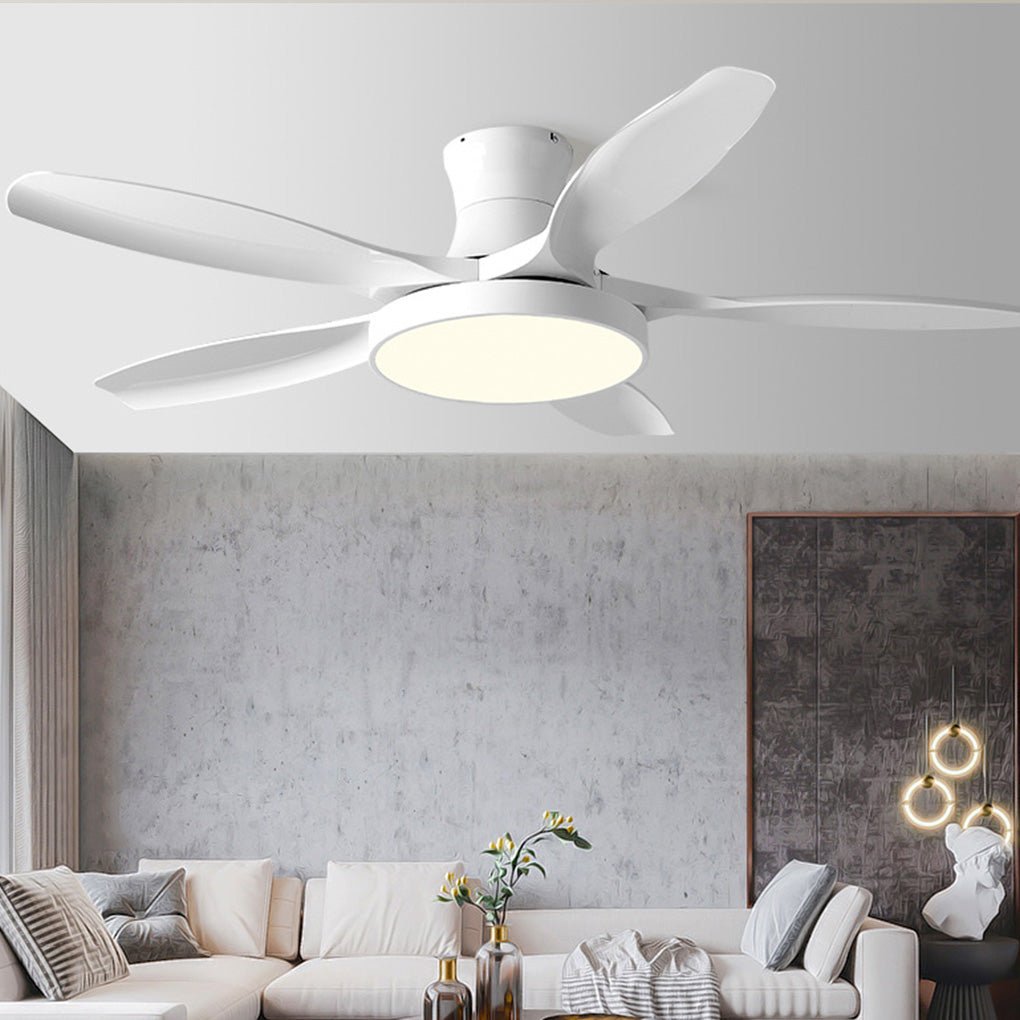 White living room ceiling fan with lights mounted in a neutral-toned interior, offering a sleek look and even light distribution.