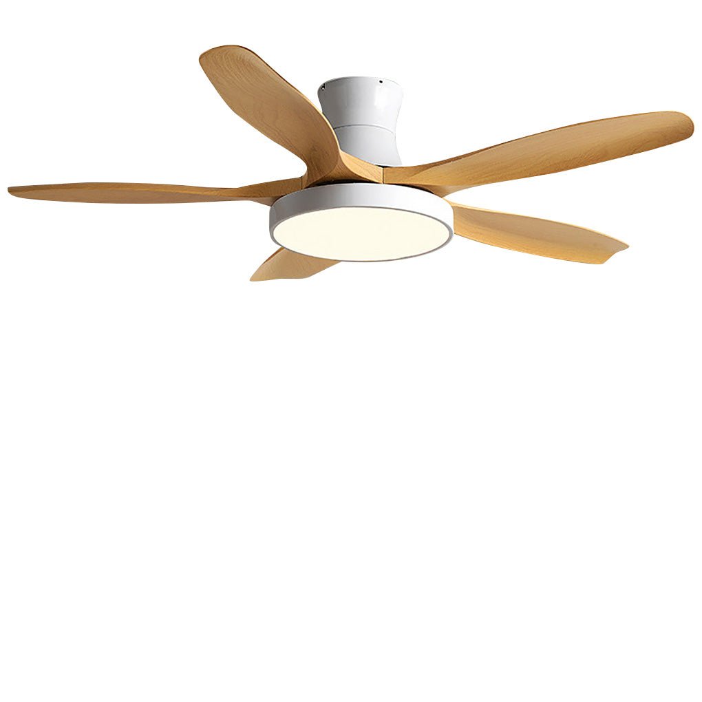 Studio shot of a living room ceiling fan with lights, combining a white motor housing with warm wood-toned fan blades.