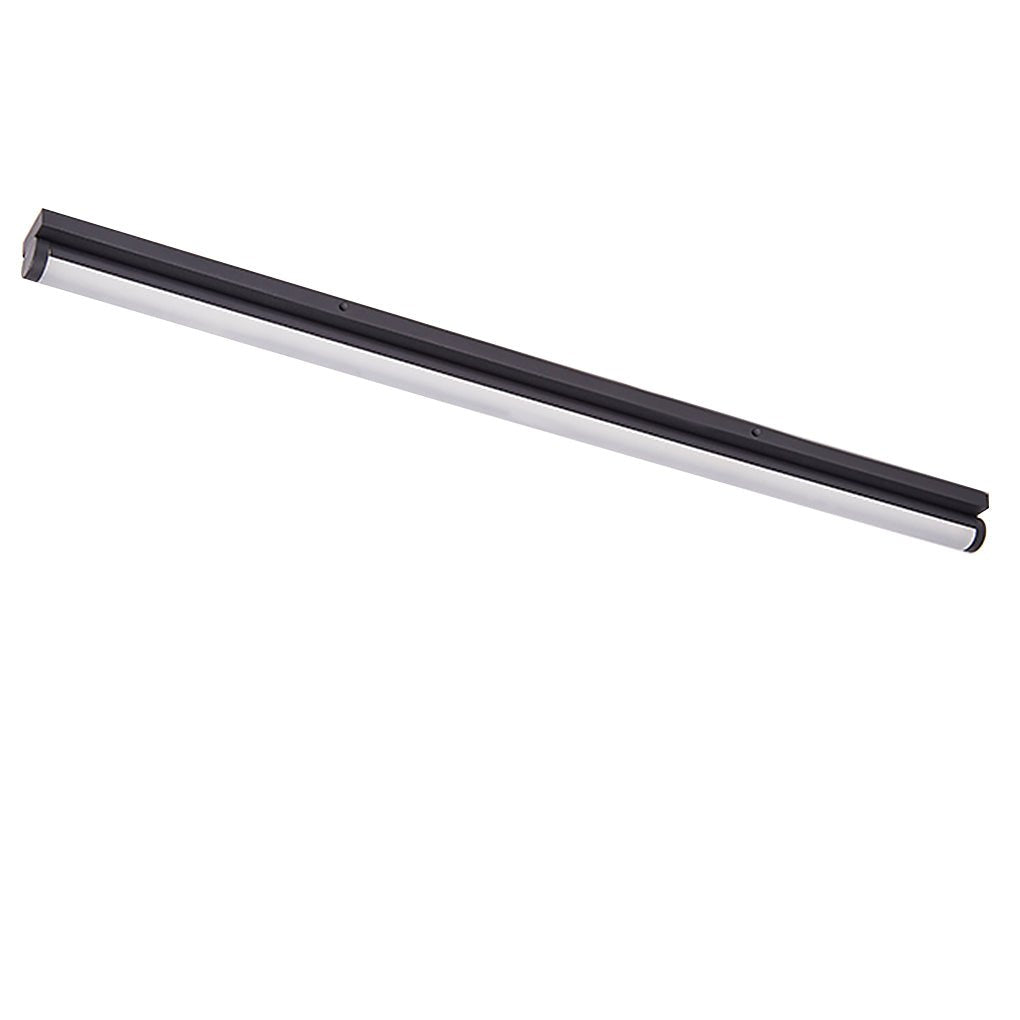 Long strip ceiling light with a black finish, enhancing a contemporary interior.