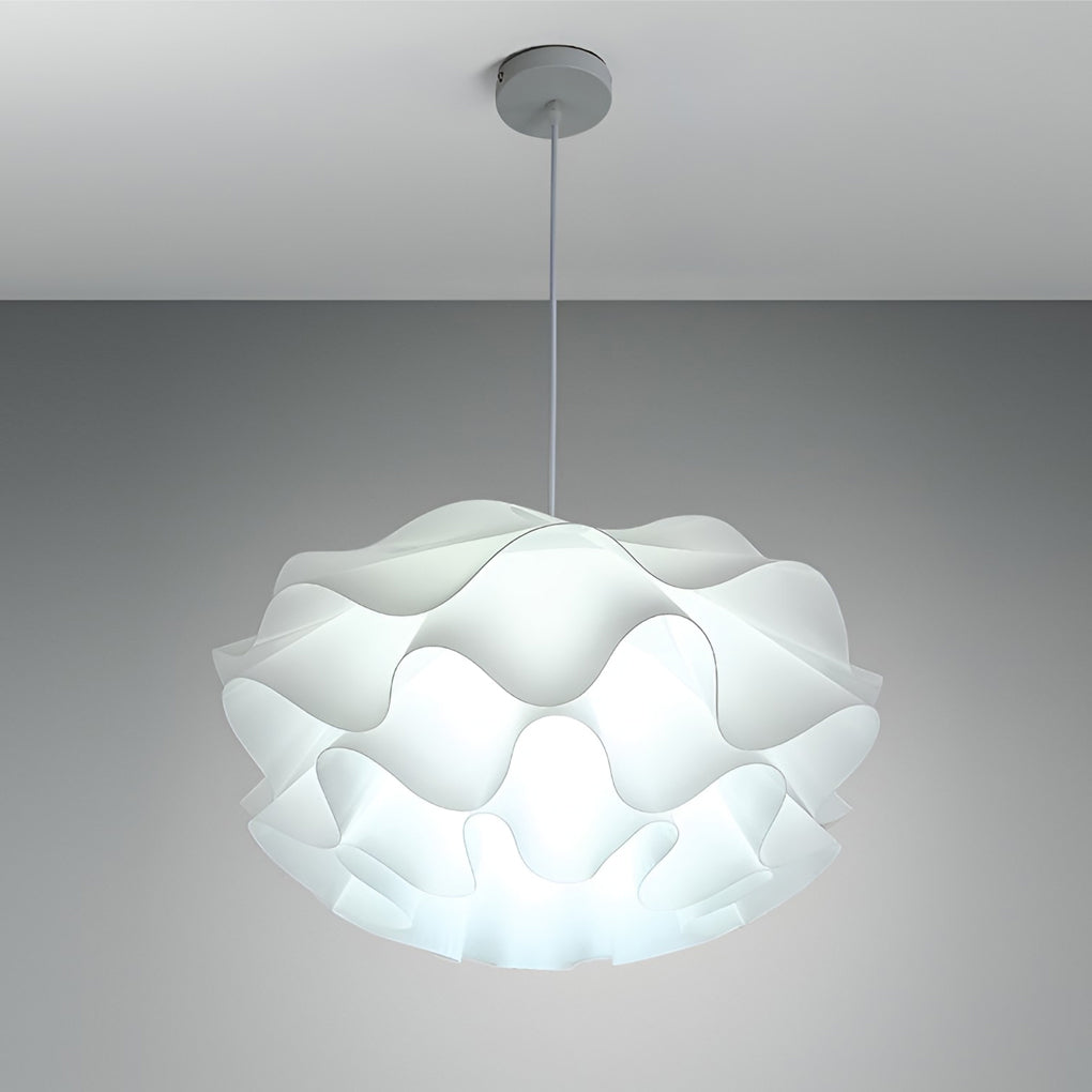 Lotus flower pendant light providing ambient light in a modern living space.